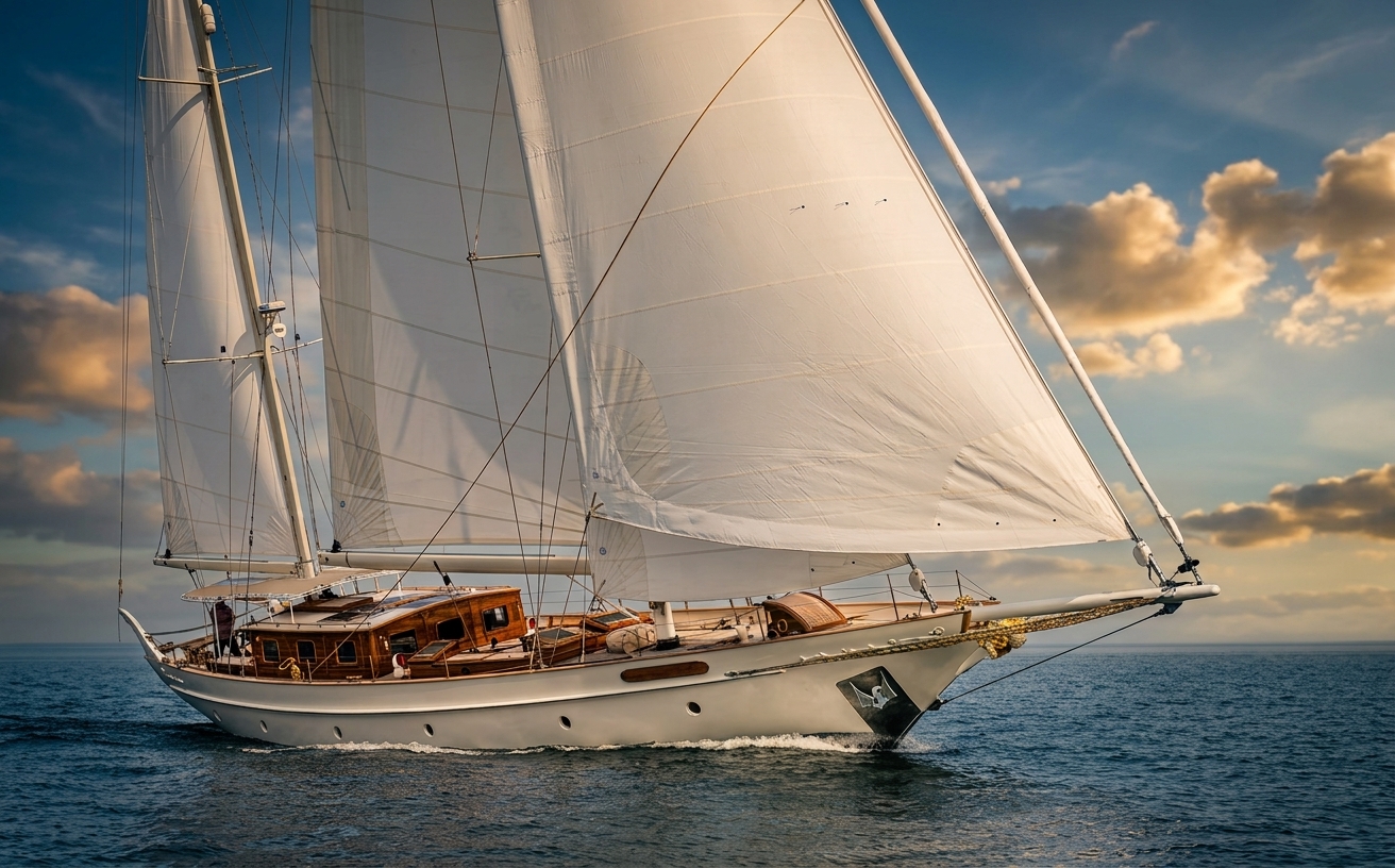 The Flagship under sail at golden hour