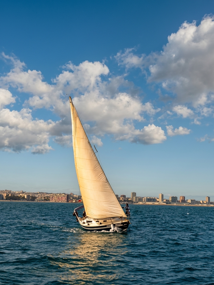 A club sailboat under sail off a Mediterranean coast at golden hour