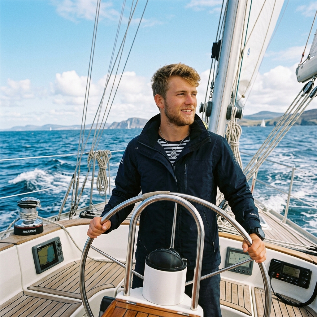 A club skipper at the helm under sail