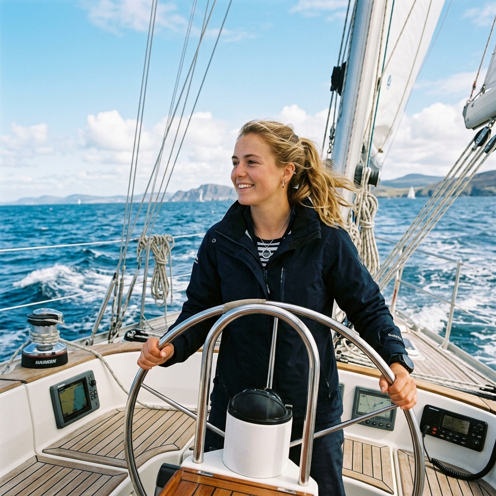 A club skipper at the helm under sail